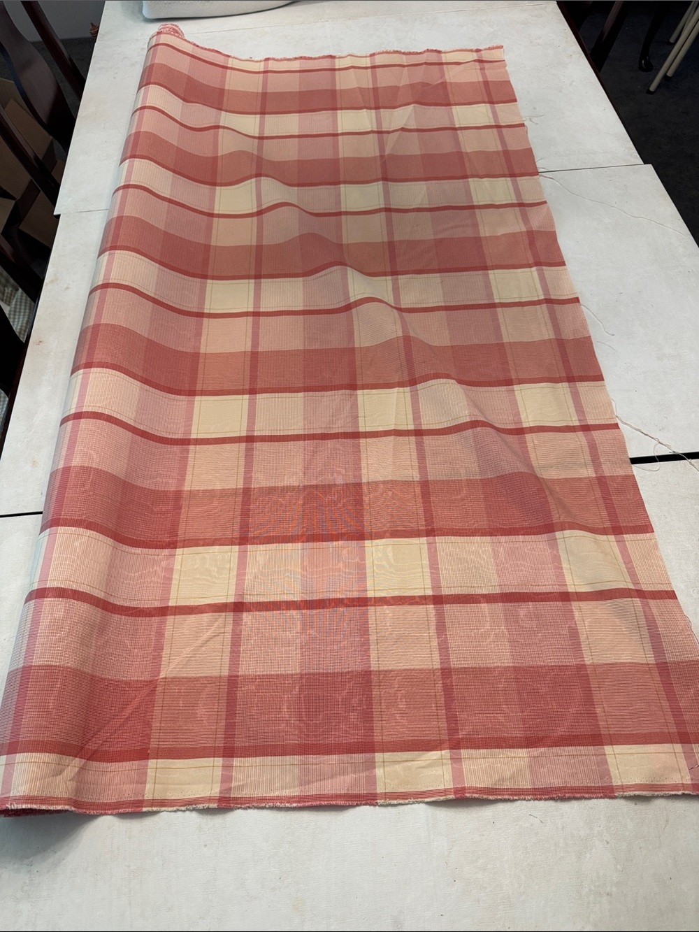 Fabric pink and cream checks with small stripes. 6 yds x 56.5”